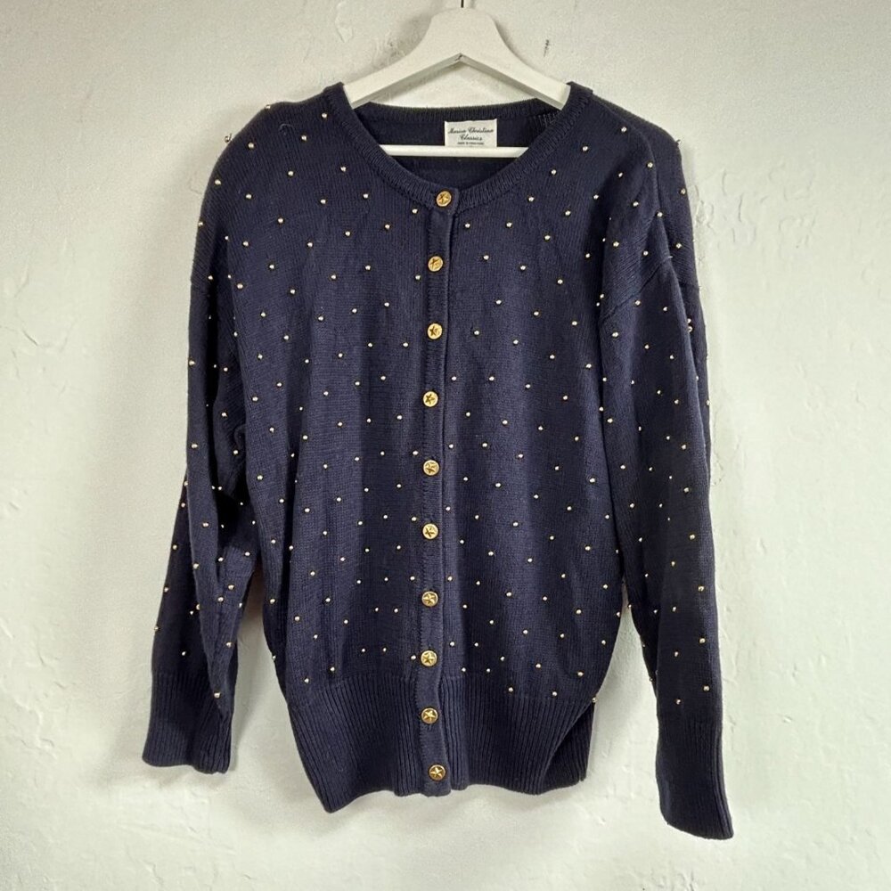 Marisa Christina Classics Womens Navy Gold Studs Knit Button Cardigan Sweater XL